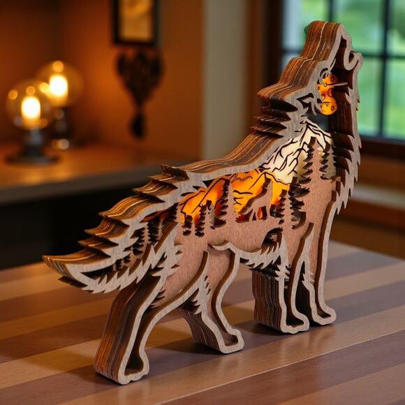 Layered Wooden Wolf Decor with Floral Cutouts | 6.3 in Wall or Shelf Accent - Picture 4 of 6